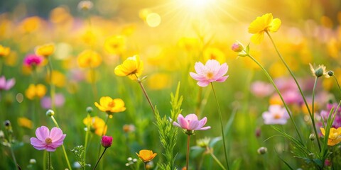 Fototapeta premium Soft pink and yellow wildflowers bloom in a lush green field amidst springtime sunshine