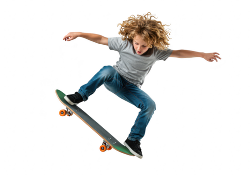 A young boy performing a skateboarding trick in midair, isolated on transparent background