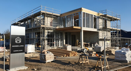 New modern house construction site with scaffolding and building materials