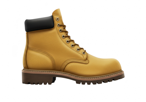 A tan leather work boot with laces and a thick sole, isolated on transparent background, representing durability and style