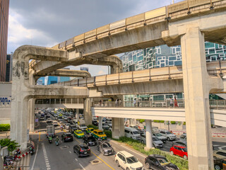 25 August 2025 Siam Sukhumvit Road Bangkok elevated BTS tracks Thailand elevated concrete train system surrounded by residential apartments and high-rise buildings and major shopping malls