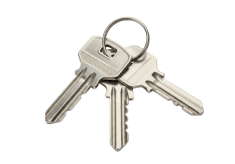 A set of three silver metal keys on a ring isolated on transparent background