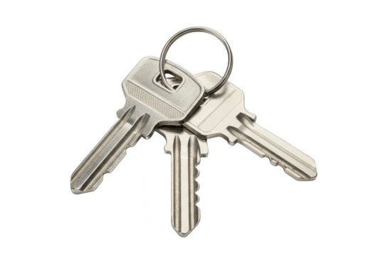 A set of three silver metal keys on a ring isolated on transparent background