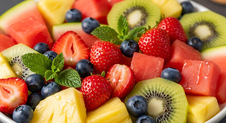 A vibrant fruit salad with a mix of watermelon, kiwi, strawberries, and blueberries, garnished with mint leaves, placed on a white plate with a white background