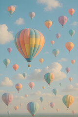 Obraz premium Colorful hot air balloons floating in blue sky with fluffy clouds during sunny day