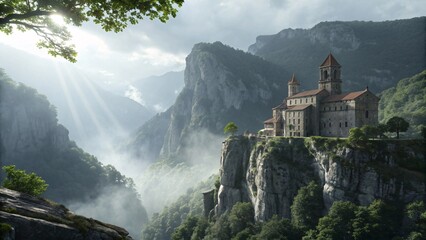 Misty Cliffside Monastery Amid Dramatic Lush Mountain Landscape V6