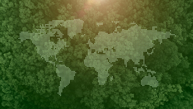 Green forests overlay world map for worlds environment days, Green eco ecosystem present background