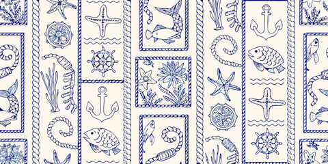 Marine life and nautical elements in a repeating pattern anchor ship wheel © Ramanath