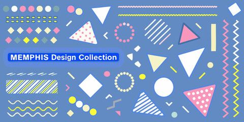 Memphis Design Collection with Geometric Shapes and Patterns on Blue retro