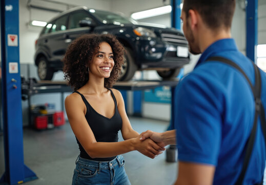 Attractive woman shakes hands with mechanic after car service, both smiling. Vehicle undergoing maintenance in modern garage. Customer happy with repair, car owner satisfied with pro work.