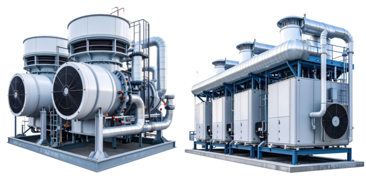 Industrial Machinery Set Against a Transparent Background with Complex Piping Systems and Futuristic Design