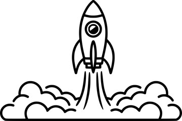 Fototapeta premium Rocket Launch with Flames – Minimalist Black and White Vector Line Art for Apparel and Vinyl Cutting generative ai 