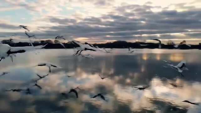 Cranes flying over water with reflection in sky at dusk