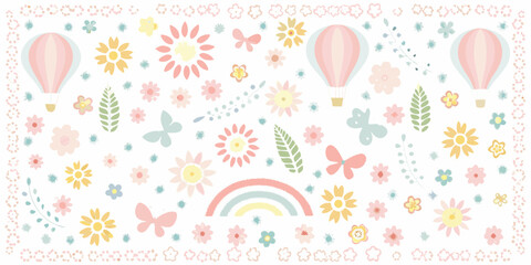 Whimsical Pastel Hot Air Balloons Flowers Rainbows Butterflies and Leaves butterfly leaf
