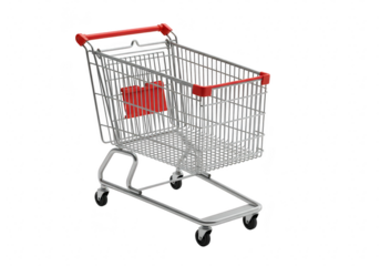 A metal shopping cart with red accents, isolated on a transparent background, representing retail and consumerism