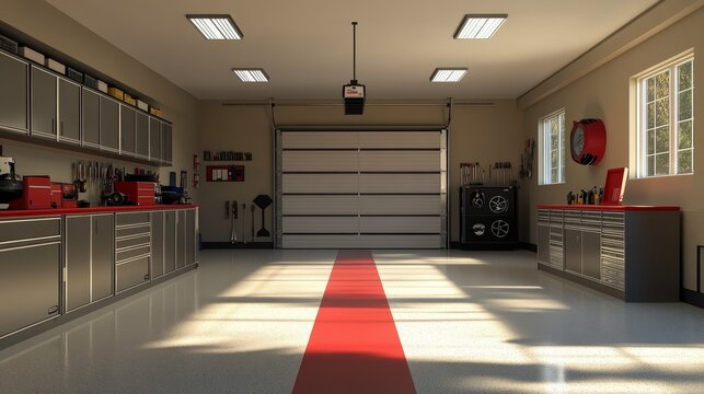 Spacious garage featuring red tool cabinets and organized tools on the wall, illuminated by bright lights.