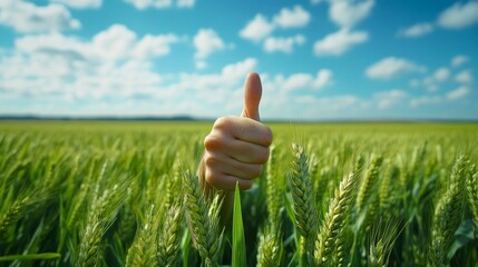 A hand giving a thumbs up rises proudly amidst a vibrant green field beneath a clear blue sky filled with clouds