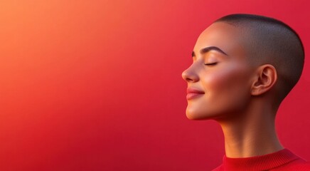Woman with shaved head enjoying tranquility against vibrant background