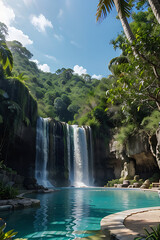 Naklejka premium Tropical waterfall cascading into a serene pool surrounded by lush greenery.