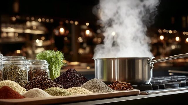 Various spices and herbs laid out on a board in the kitchen, a boiling pot nearby. Professional kitchen, spices in jars and piles on the table.
