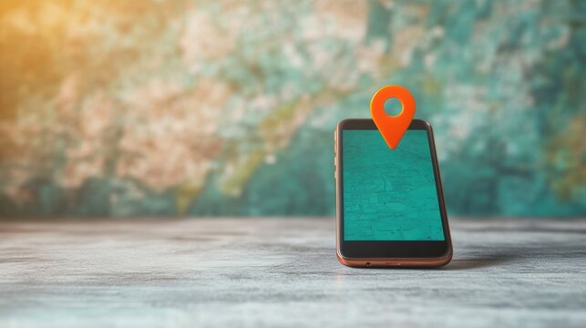Smartphone with location pin displayed on screen against a world map backdrop