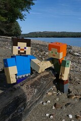 Naklejka premium LEGO Minecraft action figures of Steve and Alex holding trunk of some driftwood on sandy bank of Danube river on borderline between southern Slovakia and Hungary. Summer blue skies, windblown clouds.