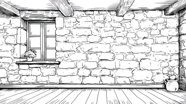 Stone room sketch with window, wood floor, beams, & flowerpots