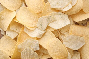 Homemade Flavored Paprika Potato Chips in a Bowl, top view. Flat lay