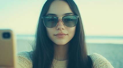 Young woman takes a selfie by the beach during daylight hours