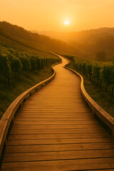 Curved wooden boardwalk through vineyard at sunrise with golden misty hills