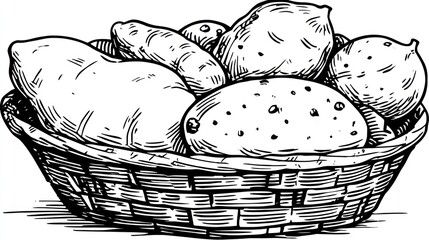 Fototapeta premium Woven basket full of potatoes and root vegetables, hatched black and white drawing