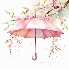 Watercolor illustration of a pink umbrella under a cherry blossom branch. The soft, flowing forms are ideal for spring, romance, and feminine themes.
