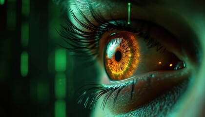 Macro view of human eye reflecting glowing digital network patterns in green hues. Features iris detail, pupil, eyelashes, and cyber security data flow. Implies biometric scanning and future tech.
