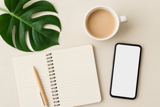 Flat lay composition with coffee cup, smartphone with blank screen, open notebook with pen and monstera leaf on beige background, creating a cozy and productive workspace