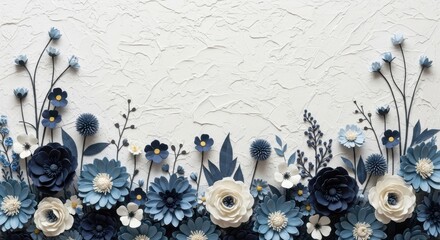 Elegant Paper Flower Arrangement Border in Blue and White Tones