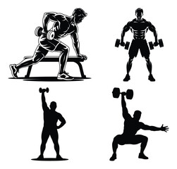 Four illustrations of individuals performing varied dumbbell exercises, showcasing strength, posture, and technique in fitness training