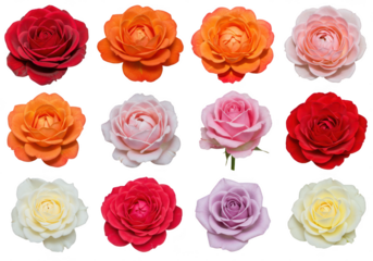 Collection of twelve beautiful roses in various colors including red, pink, orange, yellow, white, and purple, isolated on transparent background