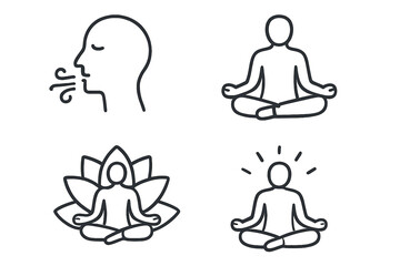 Mindfulness and meditation linear icons set. Yoga pose and breathing exercise symbols. Wellness, zen, calm, spiritual harmony concepts. Vector pictograms for mental health design.