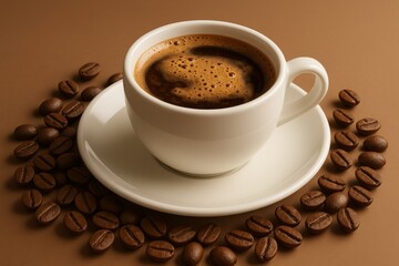 Fototapeta premium Freshly brewed coffee with golden crema resting in white porcelain cup, surrounded by roasted coffee beans on warm brown surface, evoking rich aromatic atmosphere