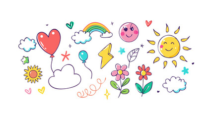 A collection of colorful hand drawn doodle elements including a heart balloon rainbow sun flowers clouds lightning bolt and smiley face