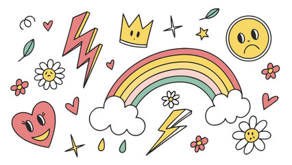 A collection of cute and colorful doodle elements including a rainbow hearts lightning bolts flowers a crown and a sad face