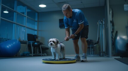 Dog Fitness Training: Pet Balance Exercise with Trainer in Gym Setting