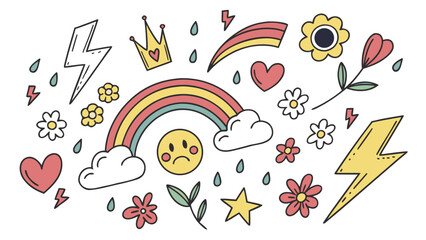 A collection of cute doodle elements including a rainbow clouds lightning bolts flowers hearts a crown a sad face raindrops and a star