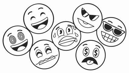 A collection of diverse cartoon emoji faces expressing various emotions and moods in a simple black and white line art style