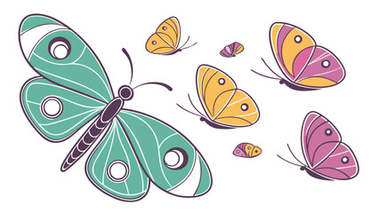A collection of stylized butterflies in various colors and sizes gracefully flying against a clean white background