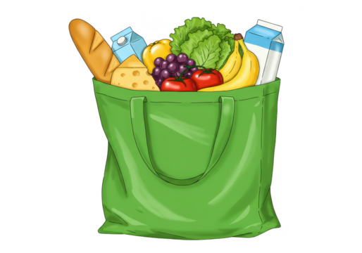 Green grocery bag filled with fresh food items including bread, cheese, fruit, and vegetables, isolated on transparent background