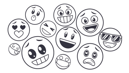 A diverse collection of hand drawn outline emoji faces expressing various emotions and feelings
