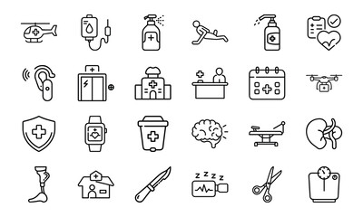 Medical Healthcare Line Icons Bundle Hospital Equipment, Doctor Tools, Patient Care, Emergency Services, Surgery, Pharmacy, First Aid, and Medicine Vector Pack