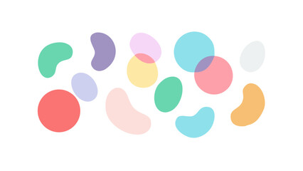 A playful assortment of colorful rounded organic shapes scattered across a stark black background creating a whimsical and abstract composition
