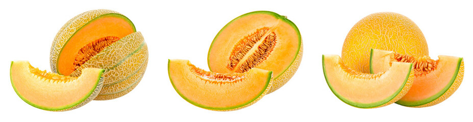 Close Up Of Ripe Cantaloupe Melons And Slices Against Transparent Background